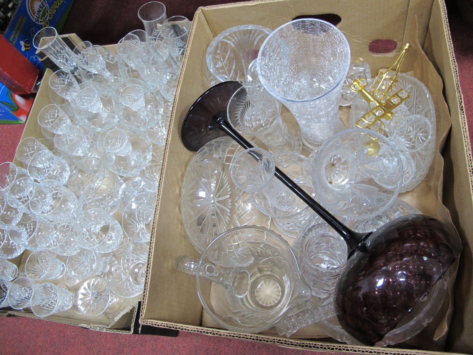 Glassware - drinking glasses, vases, bowl, water jug, amethyst bowl on tall slender stem, etc:-