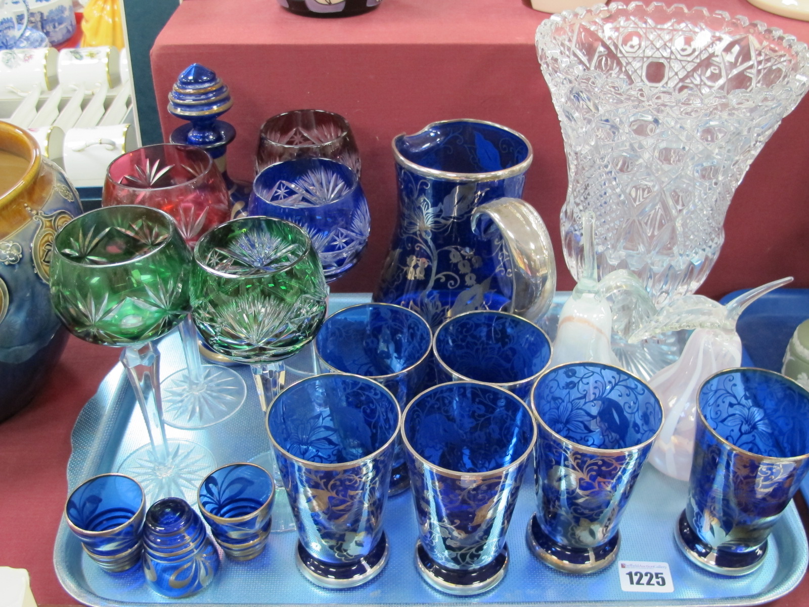 Italian Blue Glass Leomande Set, with silvered overlay, pear paperweights etc- One Tray