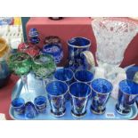 Italian Blue Glass Leomande Set, with silvered overlay, pear paperweights etc- One Tray