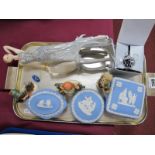 Three Hummel Figures, three Wedgwood trinket boxes Juliana Collection figure, etc:- One Tray