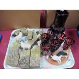 A Bohemian Style Ruby Flashed Lemonade Set, various sheepdog and sheep book ends, ashtray with