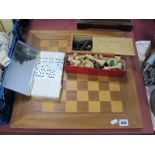 A Complete Wooden Chess Set, on original inlaid wooden board; plus another complete boxed boxwood