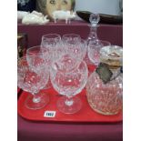 Nine Large Goblet Glasses, two decanters, Webb jam pot:- One Tray