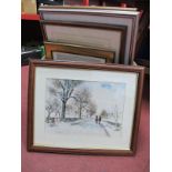 A Quantity of Prints, including Des Brophy, The Queen and Prince Philip, Red Indian needlework etc:-