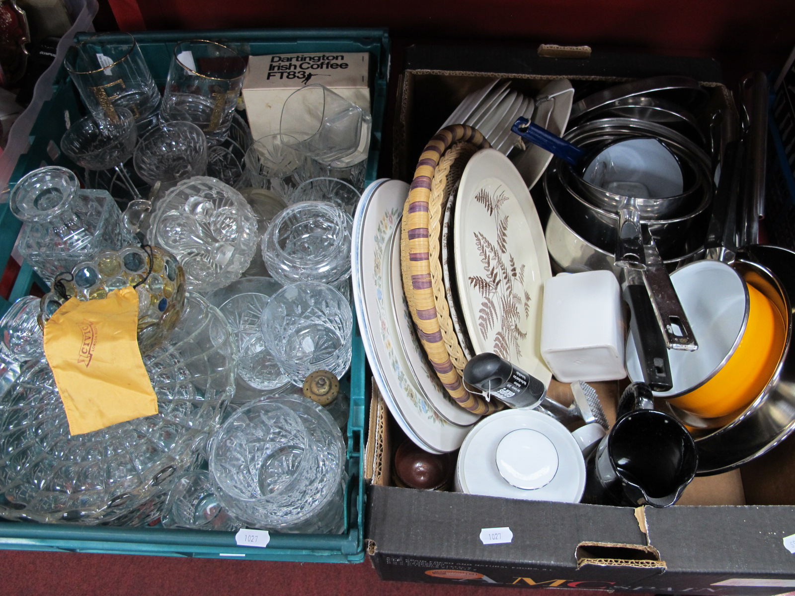 John Lewis and Prestige Pans, decanters, other glassware, kitchenware:- Two Boxes