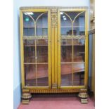 1920's Oak Display Cabinet, with low back and scroll carving to central vertical band and twin