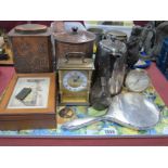 Silver Backed Handmirror, Hotel plate water jug, spelter figure, clocks, tins, etc:- One Tray