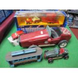 A Corgi Set C5-Jeep and Horse Box, boxed. Plus two wooden cars, among other items, playworn.
