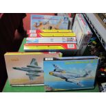 Eight 1:72nd Scale Plastic Model Military Aircraft Kits, by Emhar, MPM, Italeri, Xtrakit, all jets