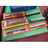 Six Hornby "OO" Eight Wheel LNER Coaches, one repainted, others playworn, sometimes boxed.