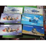 Six 1:72nd Scale Plastic Model Military Helicopter Kits, by Heller including Sea King, SA 330