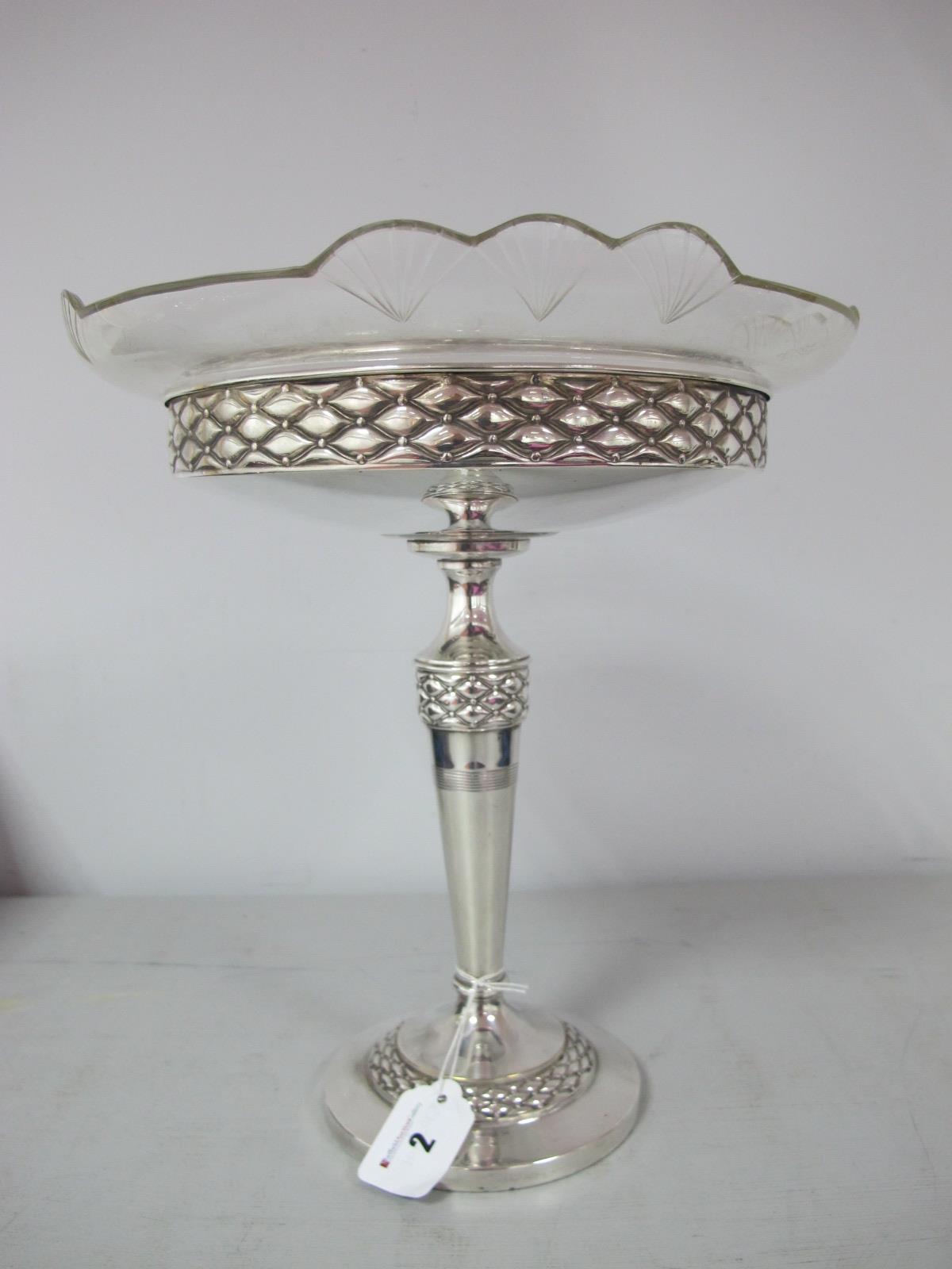 A WMF Style Pedestal Dish Centrepiece, the shaped clear glass circular dish loose fitted on textured