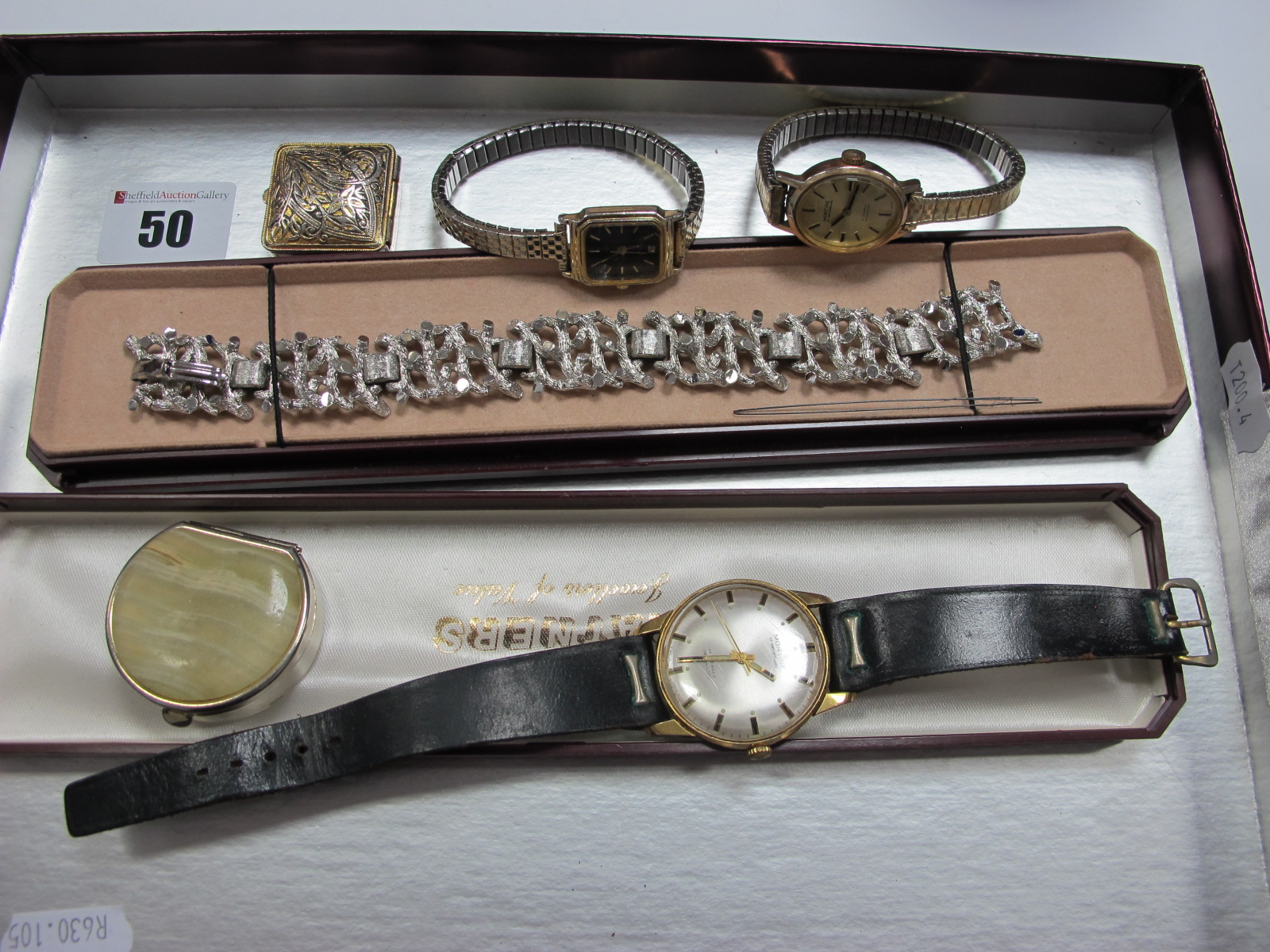 Montine Gent's Wristwatch, bark textured costume bracelet, ladies wristwatches, pill boxes.