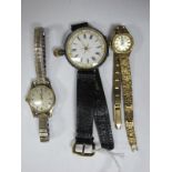A Hallmarked Silver Cased Ladies Fob Watch, (converted to a wristwatch) the gilt highlighted white