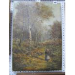 English School, Woodland scene with lady in foreground, horse rider in distance, oil on canvas (