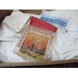 Vintage Linen Tablecloths, doilies, WWI silk 'Souvenir Ypres' handkerchief etc:- One Box