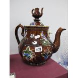 A Large XIX Century Bargeware Teapot, 'A Present from Swadlincote', with teapot finial.