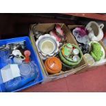 Pottery Jardinieres, jug and bowl, 'Slipper' bed pan, glassware, model elephants, tureens etc:-