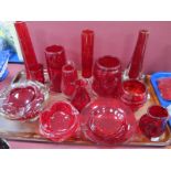 Whitefriars Ruby Glassware; Trail ribbed Footed Bowl, Knobby Vase, lobed controlled bubble bowl