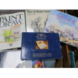 Winsor & Newton Artists Watercolour Wooden Box, (twelve half pan set), related books, boules,