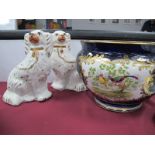 Crescent Pottery Jardiniere, with exotic bird decoration on deep blue ground 29cm wide. A pair of