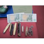 Penknives, to include Wostenholme, Rossigne (7), white metal chain, 2 x £1 notes.