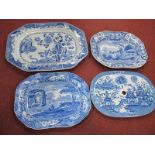 A XIX Century Blue and White Pottery Drainer Plate, (repaired) Spode and other blue and white meat