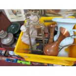 Pottery Shire Horse and Cart, copper jugs, brass picture stands, oil lamp, large pinking shears
