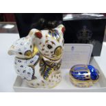 A Royal Crown Derby Paperweight as a 'Koala and Baby', date code for 2002, gold stopper, red printed