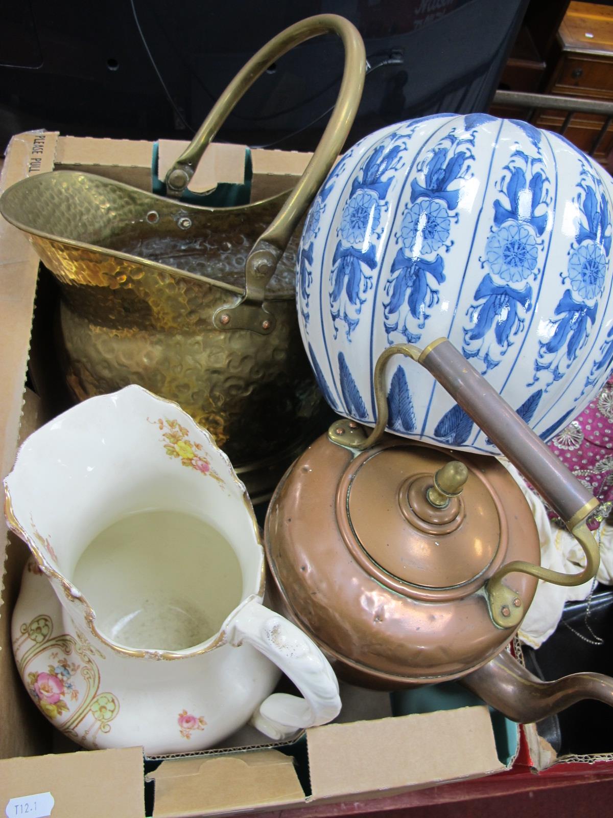 Copper Kettle, brass coal bucket, pewter mug, jug, etc:- One Box