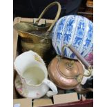 Copper Kettle, brass coal bucket, pewter mug, jug, etc:- One Box