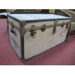 A Vintage Travelling Trunk, with 'Cunard Line' stickers to top and front, 100cm wide.