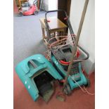 Bosch Electric Lawnmower, plus a garden hoe. (2)