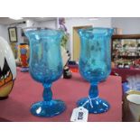 A Pair of French Biot Style Hand Blown Turquoise Glass Goblets, 17cm high. (2)