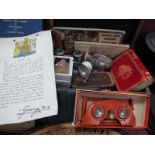 Opera Glasses, playing cards, Chad Valley money box, Viewfinder in a hardwood box.