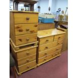 Four Drawer Pine Chest of Drawers; together with a pair of pine bedside chests, with three small