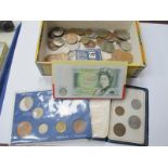 Three One Pound banknotes, plastic decimal set, Belfast and other one pound coins, other coinage