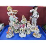 A Pair of German Sitzendorf Pottery Figures, in classical dress, other Continental figures:- One