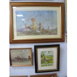 A Margaret Tarrant, Upset Farmer print, a larger children and lamb scene 33 x 54.5cm, hunting print.