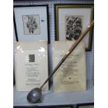 Four Assorted Prints, large ladle with softwood handle, 79.5cm long.