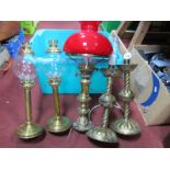 Two Pair of Brass Candlesticks, (electrified) and oil lamp.