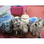 Pair of Early XX Century Grey Pottery Pug Dogs, Wedgwood Jasperware trinkets, Mason's dish, Oriental