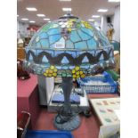 Tiffany Style Table Lamp, with butterfly decoration to shade, (squashed), on blue base, 64cm high