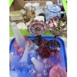 Victorian Glass, clock etc plus five decorative glass flutes, Ringtons hot water jug,