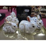 A Royal Crown Derby Paperweight as a 'Meadow Rabbit (boxed)' and three others as 'Bunny', 'Rabbit'