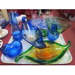 Two Freeform Glass Posy Dishes, three vases, two ashtrays:- One Tray