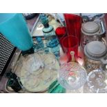 A Turquoise Glass Vase, cocktail set, liquor ware, other glass:- One Tray