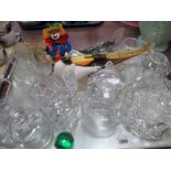 Murano Glass Clown and Gondolas, cut glassware, Swiza clock:- One Tray