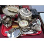 EPNS Three Piece Tea Service (rubbed), cutlery, ladies dressing table set, camera etc:- One Box