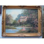 Les Parson Oil on Canvas, of a girl by a river feeding ducks, cottage in the background, signed